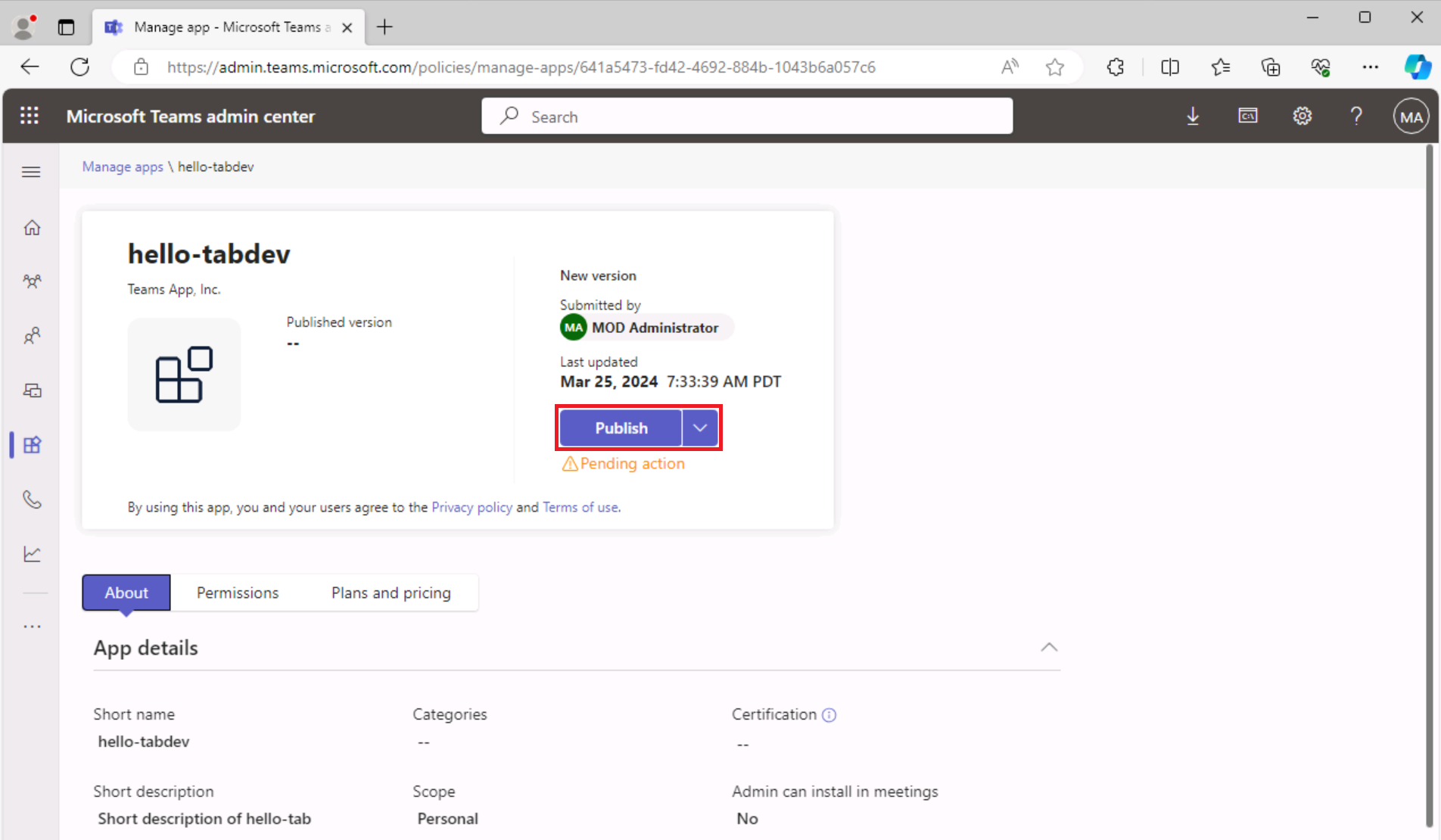 Screenshot of publishing the app in the Teams admin center.