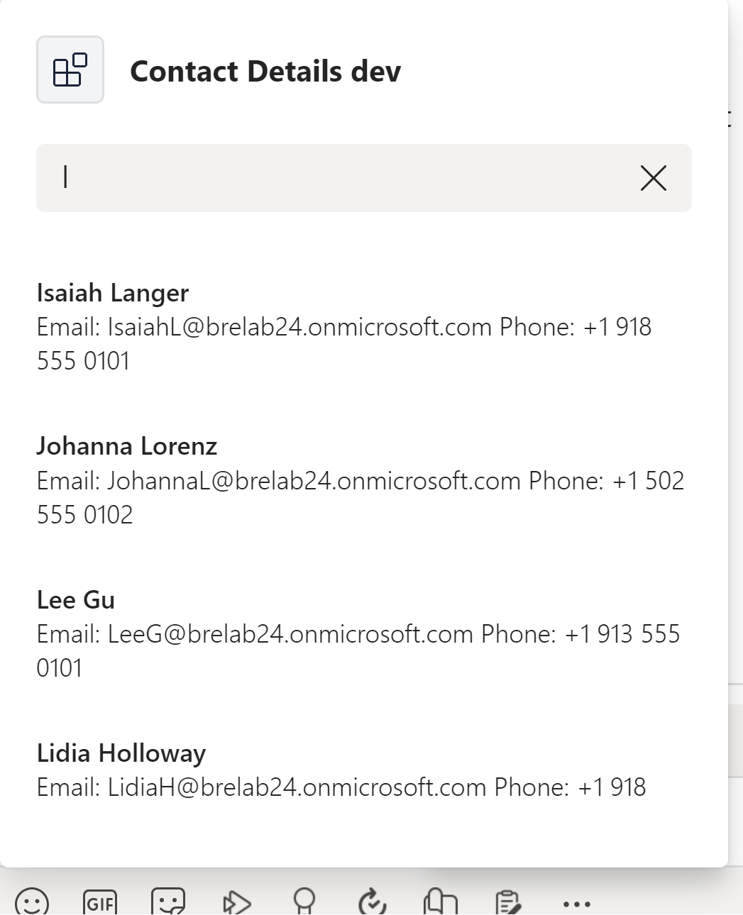 Screenshot of contact details app in Teams.