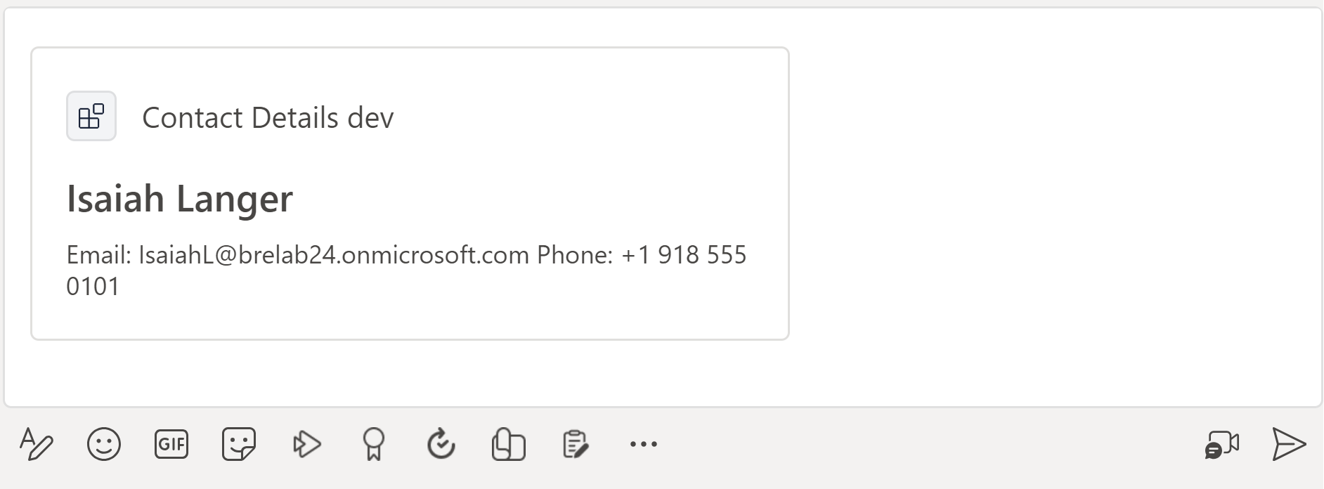 Screenshot of contact details app in Teams - inserting card into message.