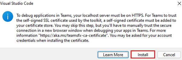 Screenshot of the prompt to install dev certificate.