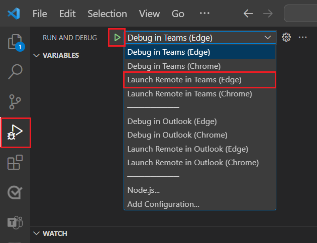 Screenshot of the option to launch remote using Teams Toolkit.