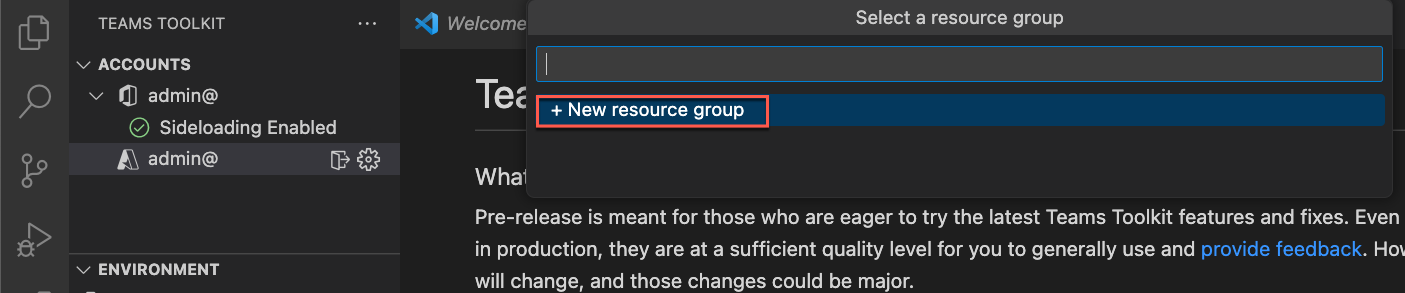 Screenshot of the Select a resource group menu in Teams Toolkit.