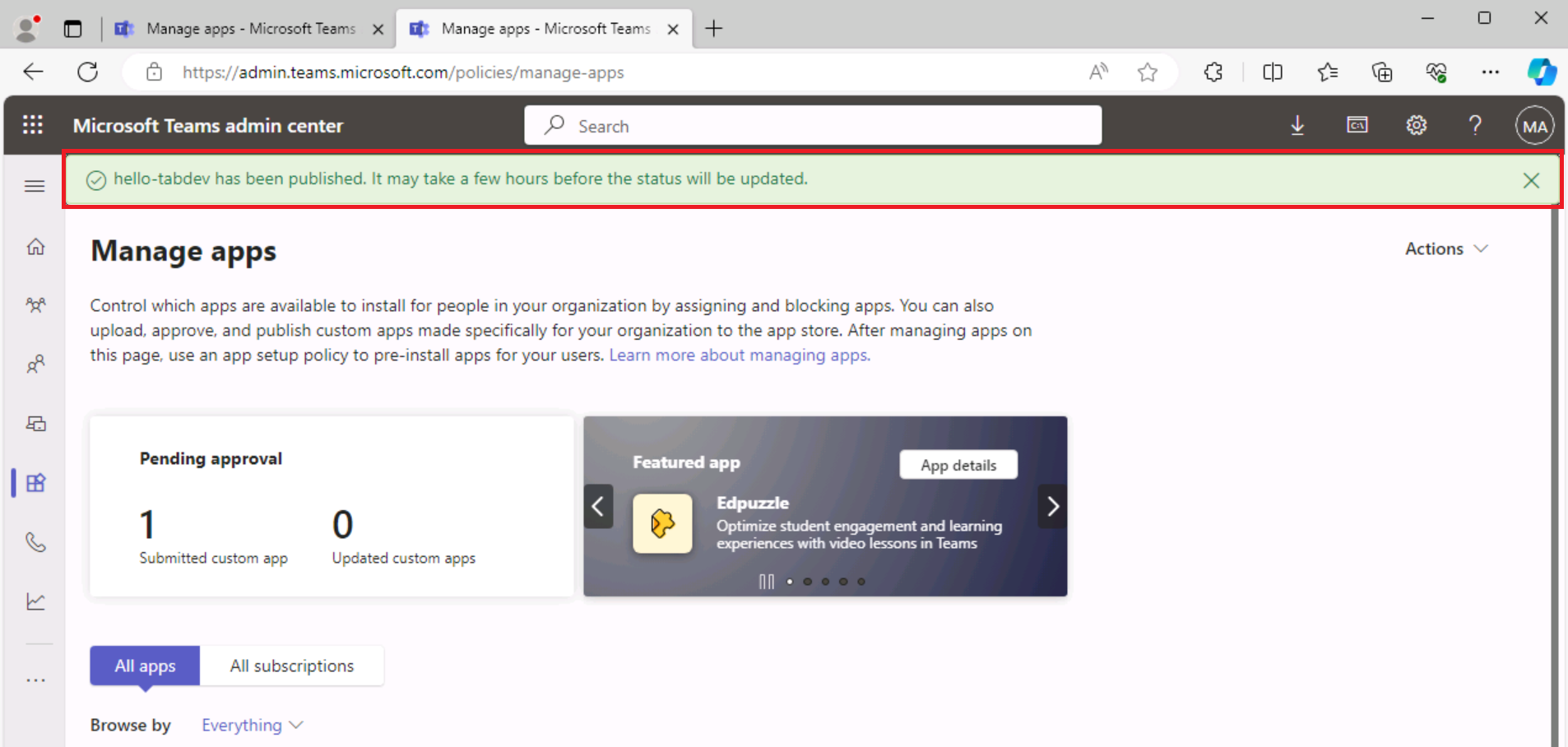 Screenshot of a published app green banner in the Teams admin center.