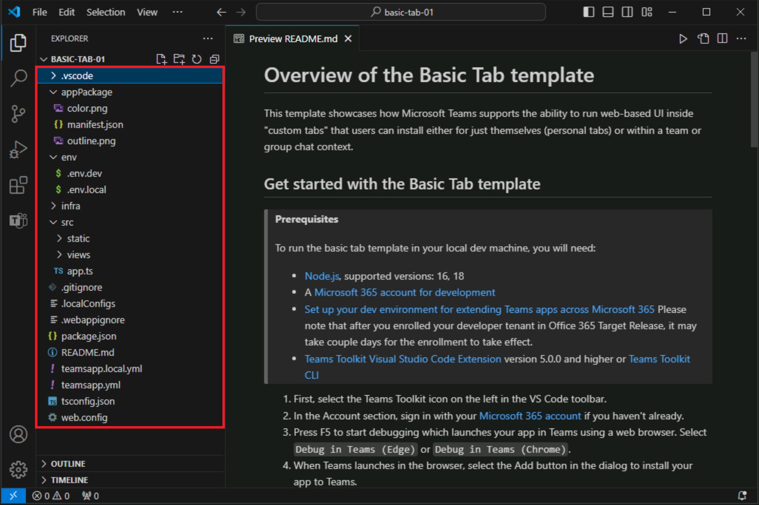 Screenshot of tab project code