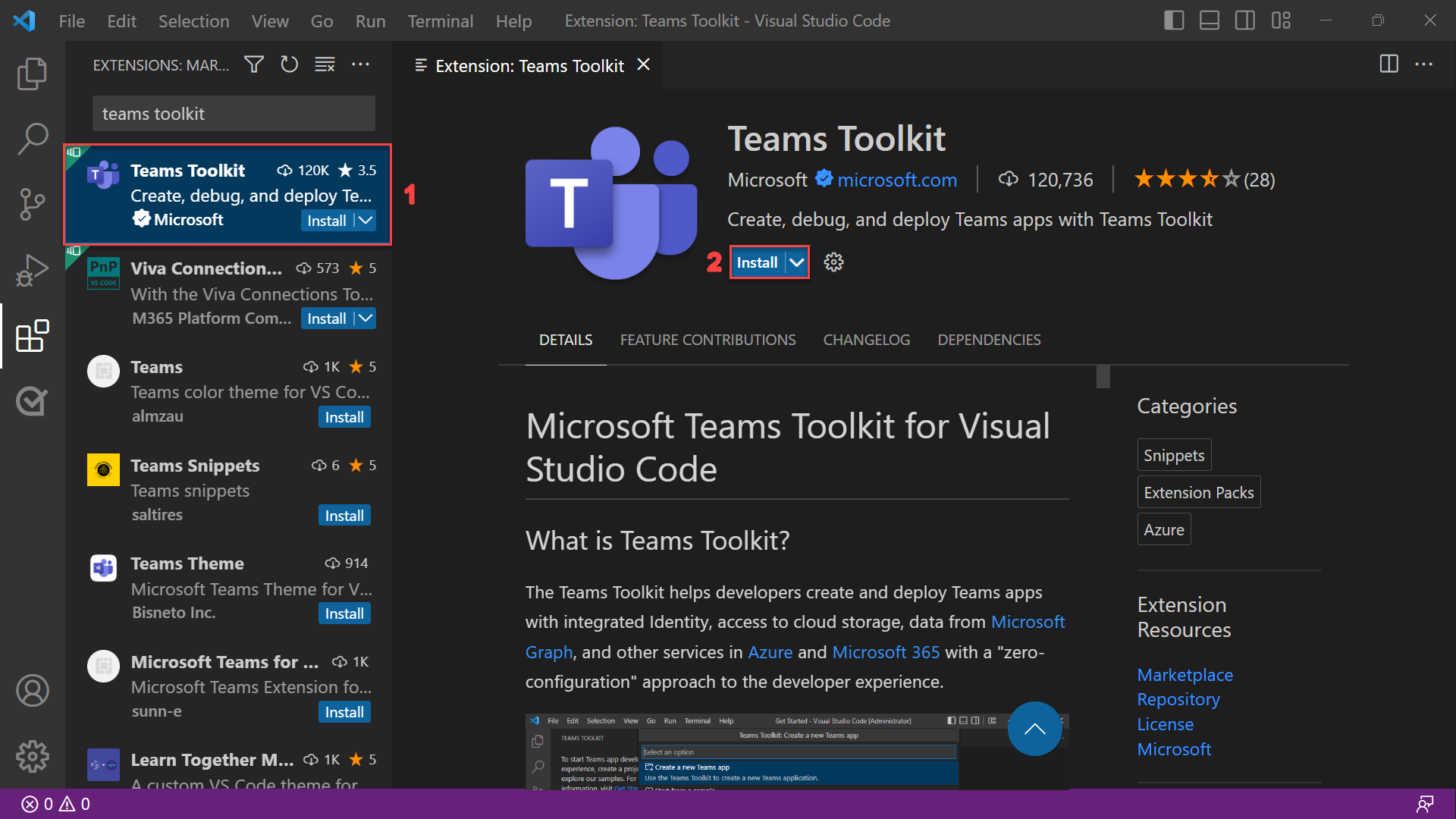 Screenshot of installing Teams Toolkit on Visual Studio Code.