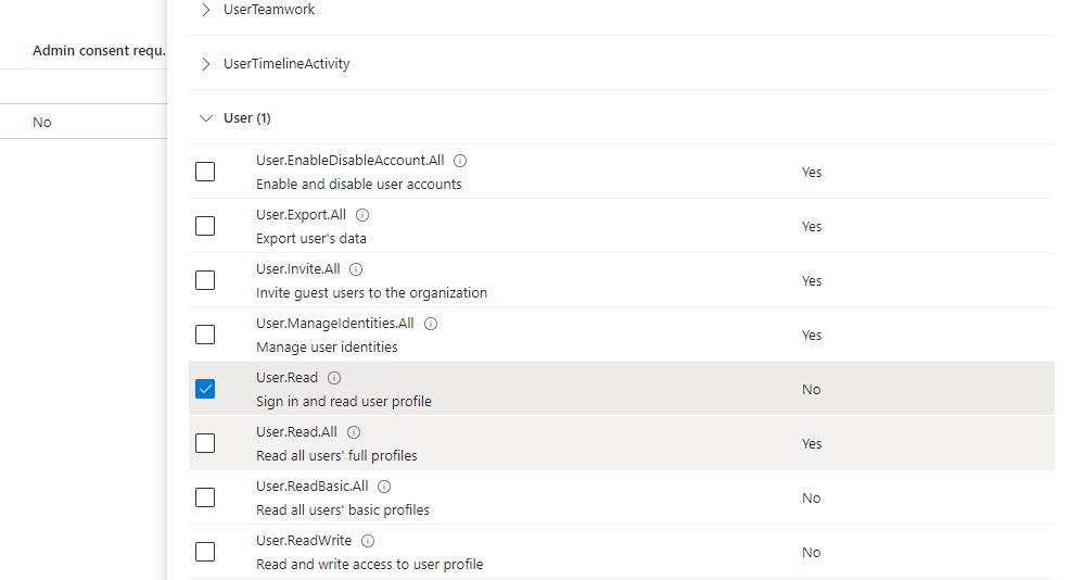 Screenshot of the Graph permissions in the Azure portal.