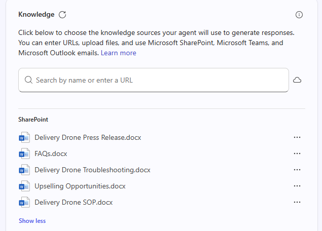 Screenshot showing Knowledge sources.