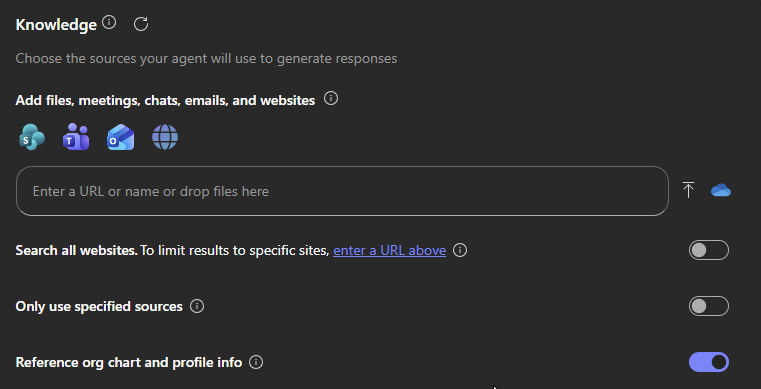 Screenshot showing knowledge sources section in agent builder.