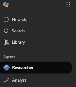 Screenshot showing Researcher selected in M365 Copilot menu.
