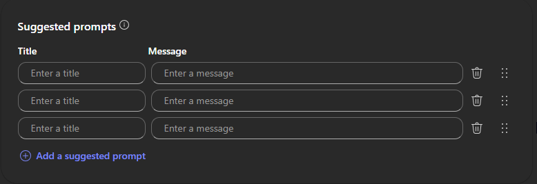 Screenshot showing starter prompts section in agent builder.