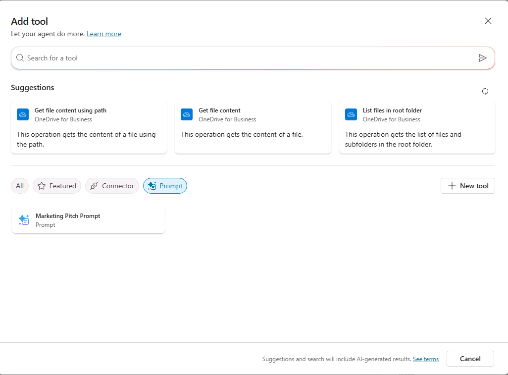 Screenshot of the Add tool window listing the Marketing Pitch Prompt tool.
