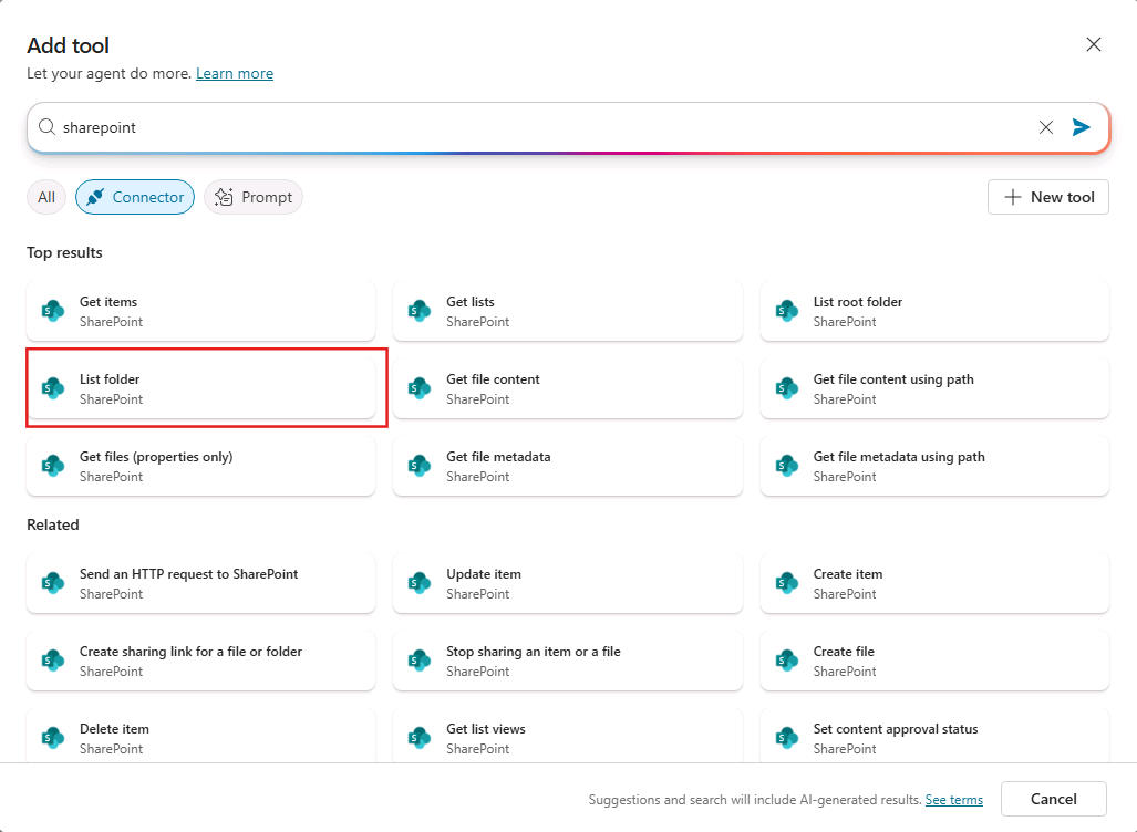 Screenshot of the Add tool window highlighting the List folder connector.