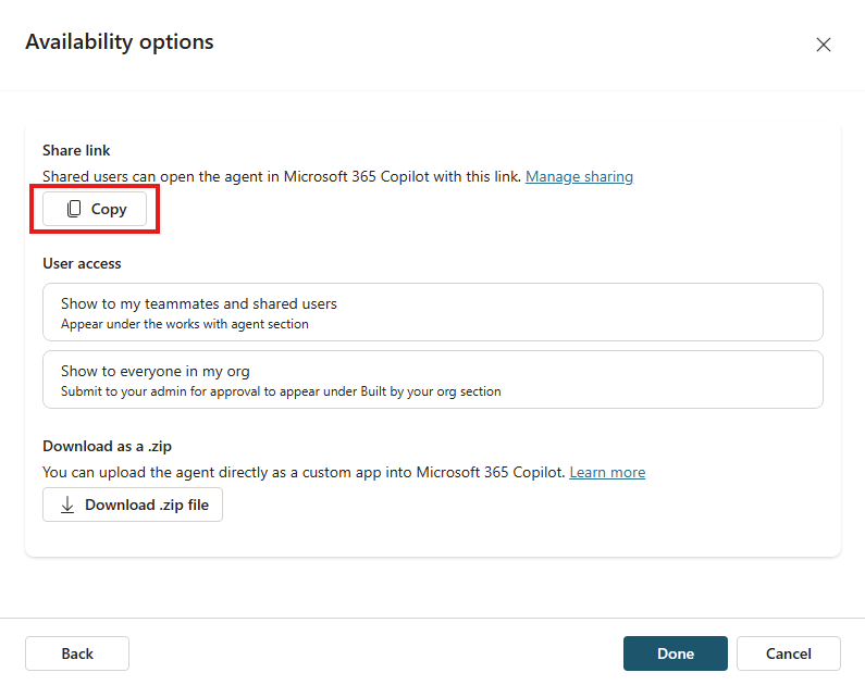 Screenshot of the Availability options window.