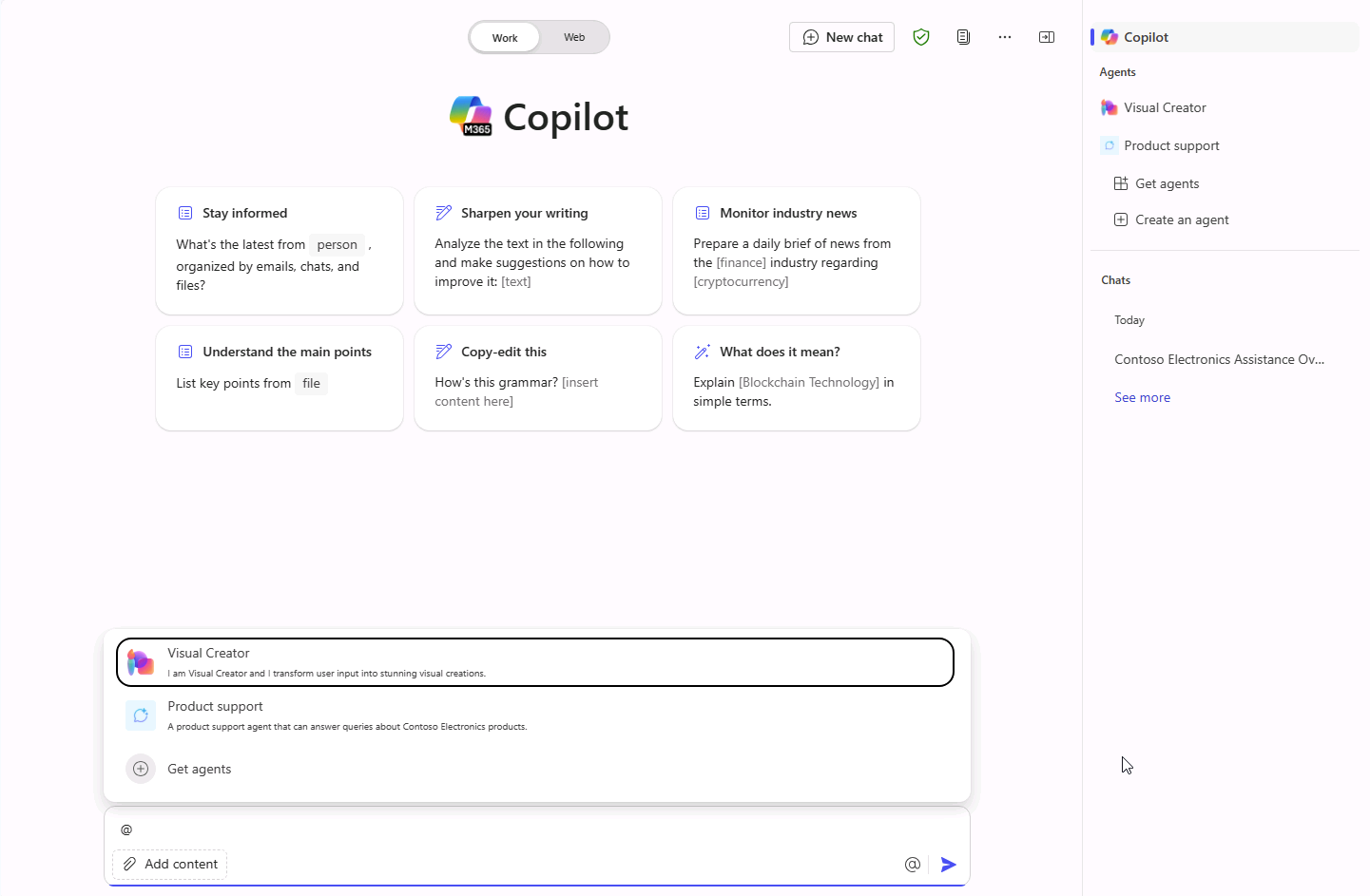 Screenshot of Microsoft Edge showing the agents flyout in Microsoft 365 Copilot.