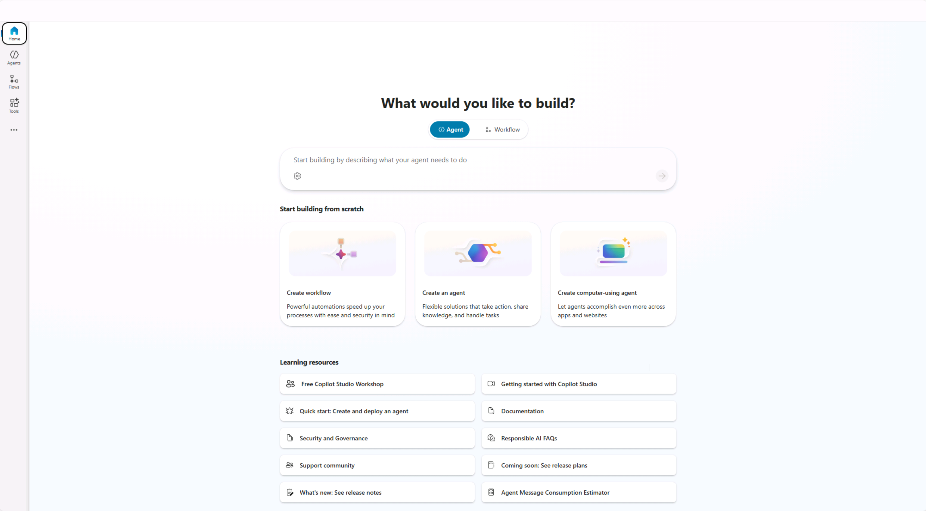 Screenshot of the conversational interface for creating a custom agent.