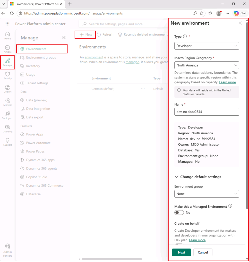 Create an environment in the Power Platform Admin center.