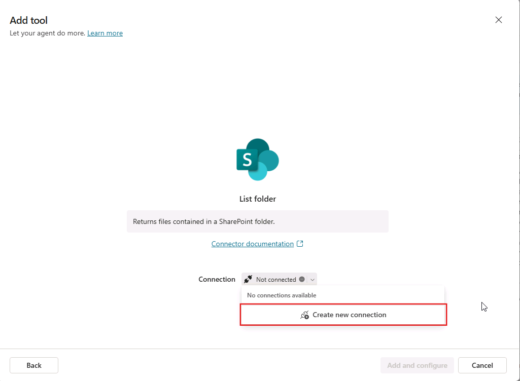 Screenshot of the Add tool window highlighting the Create new connection button.