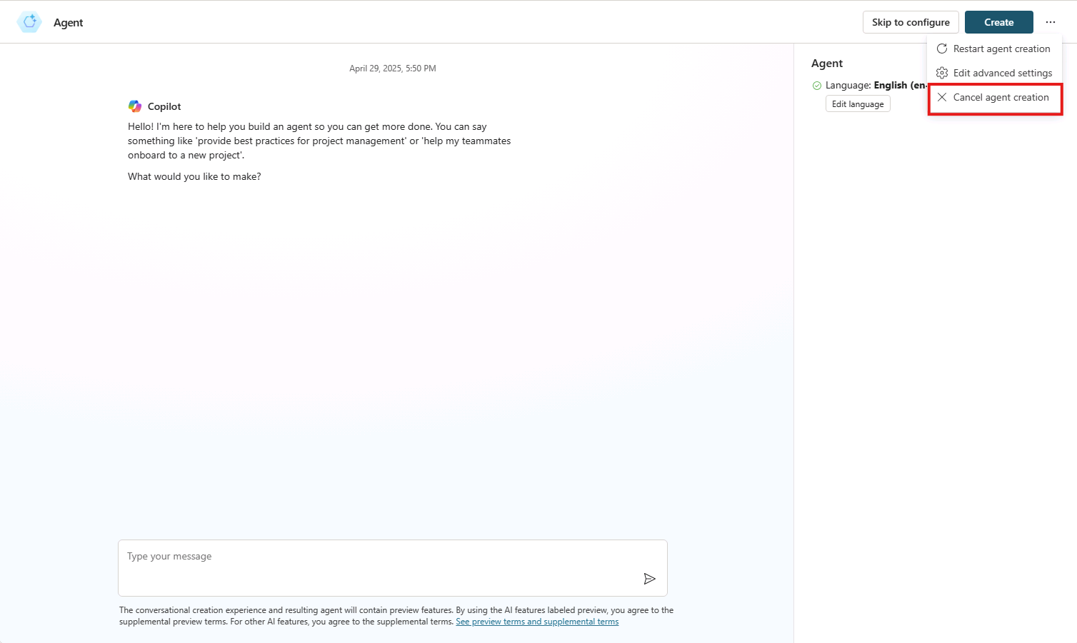 Screenshot of the conversational interface for creating a custom agent.