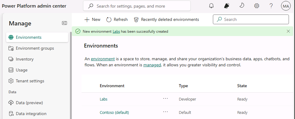 Environment created in the Power Platform Admin center.