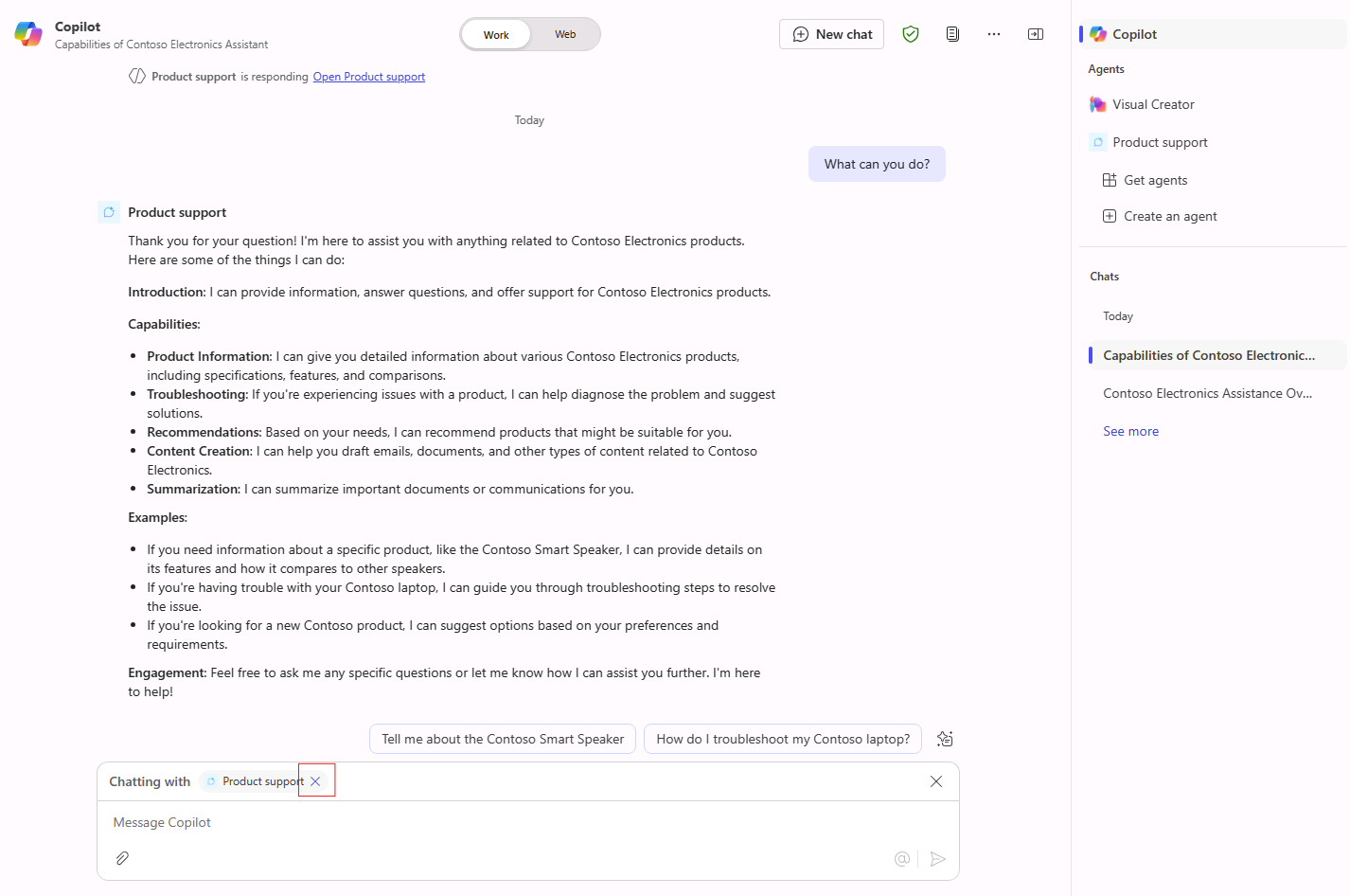 Screenshot of Microsoft Edge showing Microsoft 365 Copilot. The cross icon in the agent status message is highlighted.