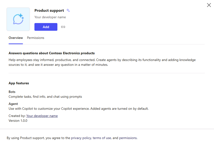 Screenshot of the modal window providing overview info for the Product Support agent before it's added to Microsoft 365 Copilot.
