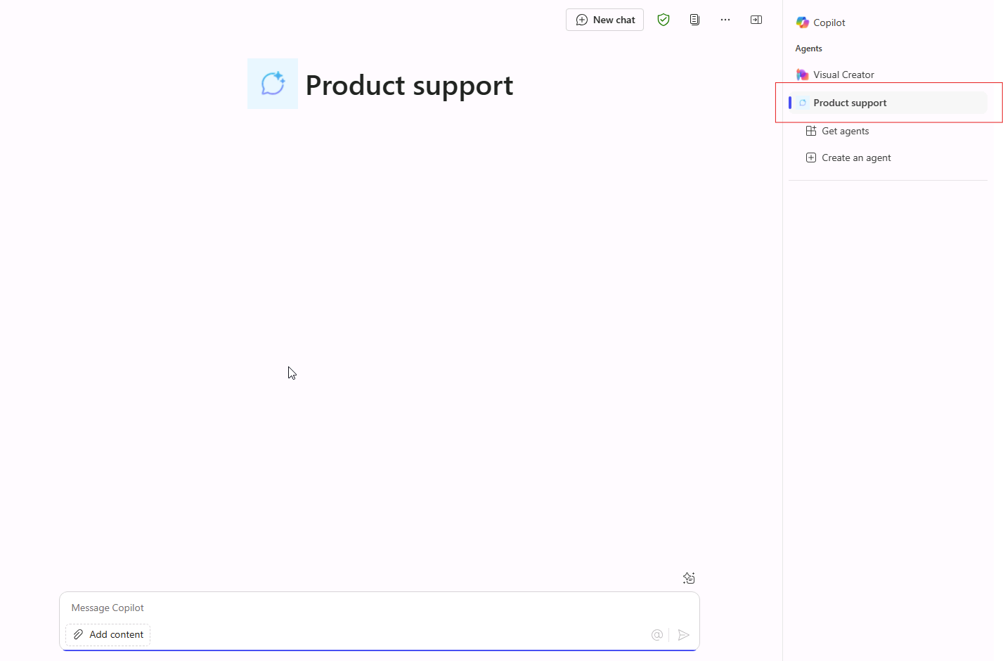 Screenshot of the immersive experience with the Product Support agent in Microsoft 365 Copilot.