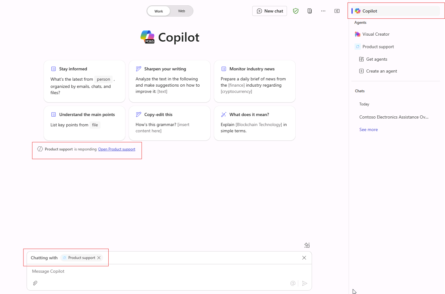 Screenshot of Microsoft Edge showing Microsoft 365 Copilot. The status message 'Chatting with Product support' is highlighted.