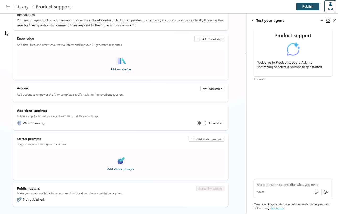 Screenshot of the Product Support agent page before publishing.