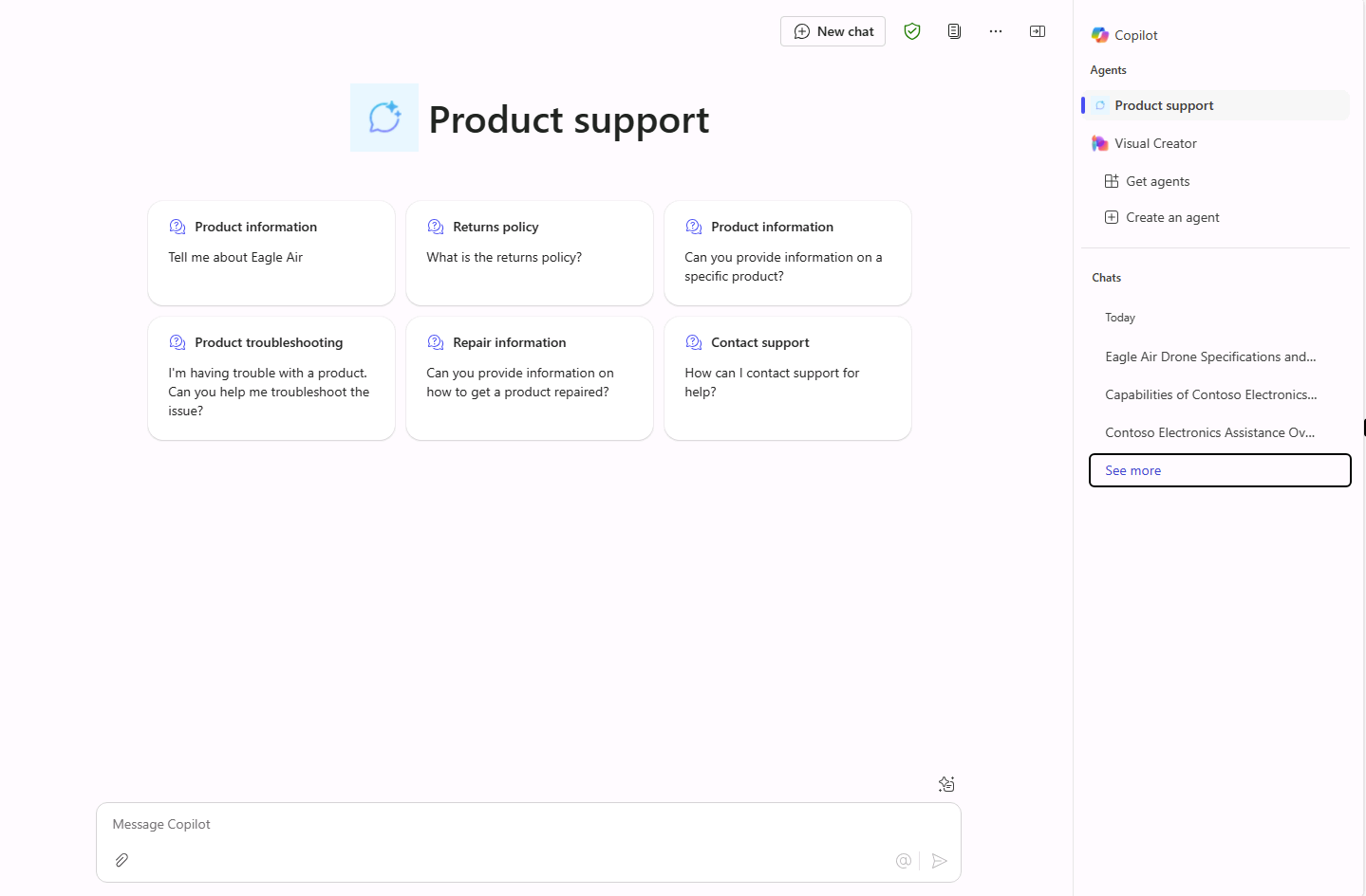Screenshot of Microsoft 365 Copilot in Microsoft Edge showing the Product Support agent's starter prompts.