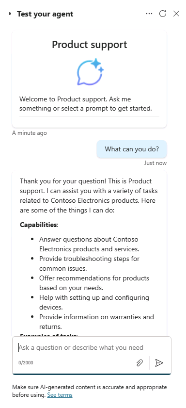Screenshot of the test pane conversation with the product support agent.