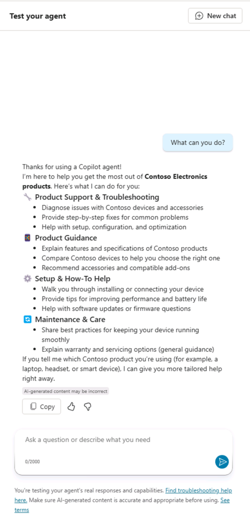 Screenshot of the test pane conversation with the product support agent.