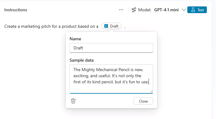 Screenshot of the prompt builder UI in Copilot Studio showing an input variable being configured with the name "Draft".