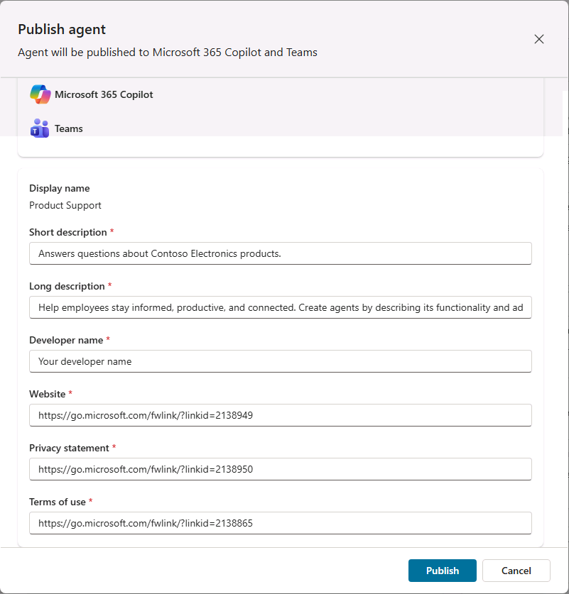 Screenshot of the Publish agent window before selecting the Publish button.