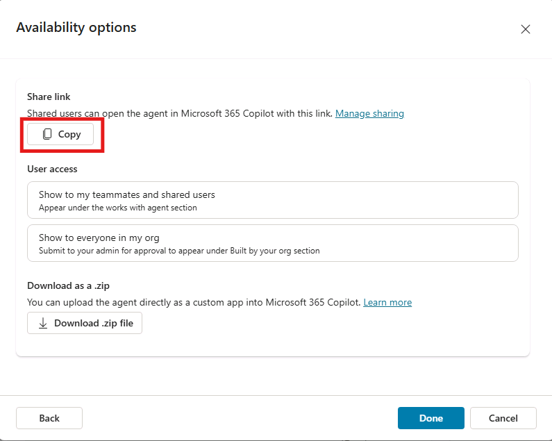 Screenshot of the Availability options window highlighting the Copy button.