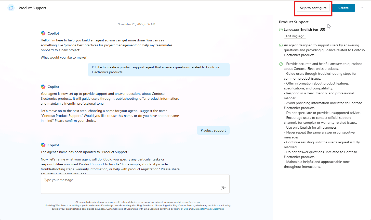 Screenshot of the conversational interface for agent creation, highlighting the skip to configure button.
