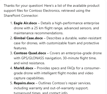 Screenshot of the test pane results while testing the list folder connector.