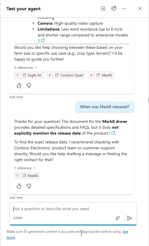 Screenshot of the agent's response in the test pane.
