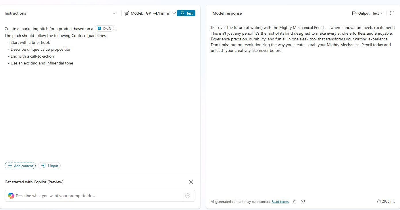 Screenshot of the custom prompt UI after testing the refined prompt.