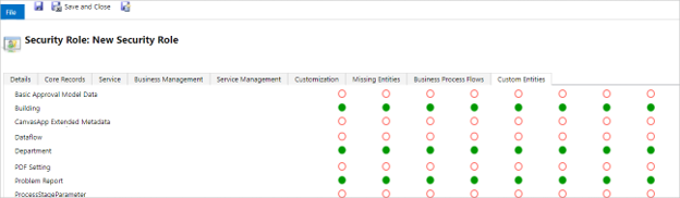 A screenshot of building, department, and problem report having all privileges selected in the custom entities tab