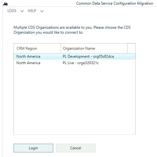Configuration Migration Tool select environment.