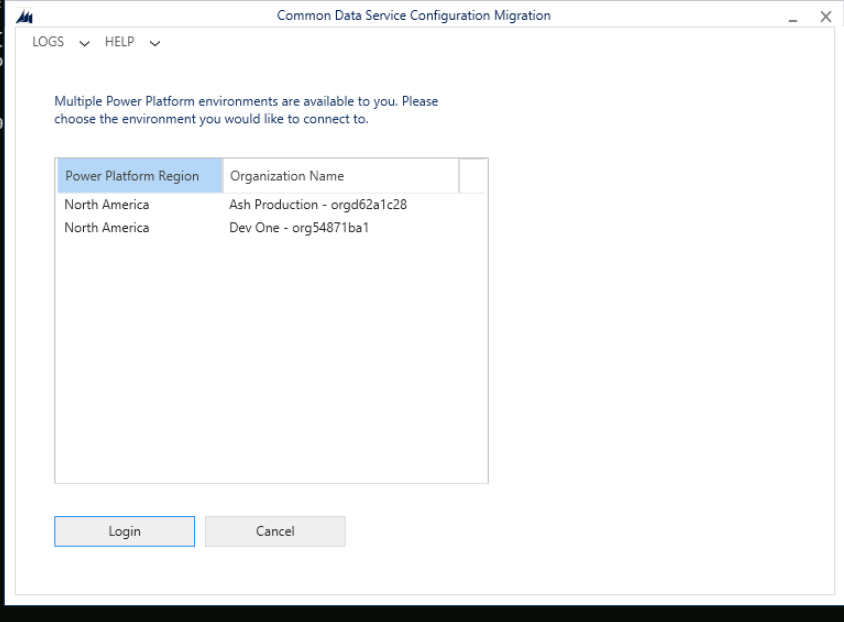 Configuration Migration Tool select environment.