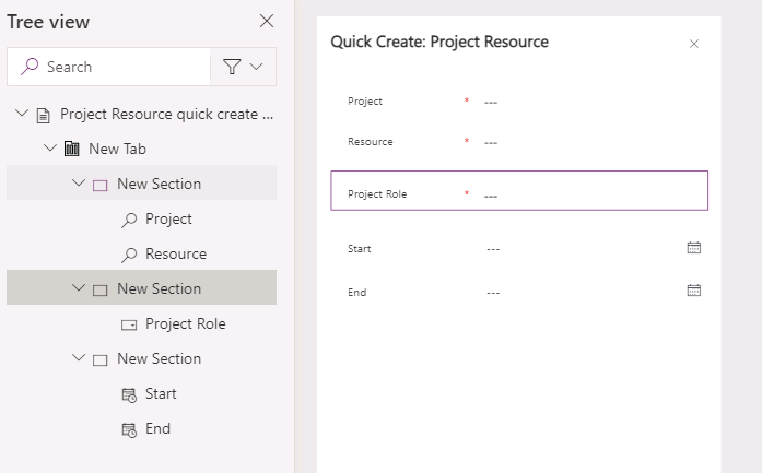Project Resource Quick Create form.