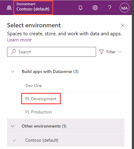 Select Development environment in the Power Apps maker portal.