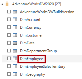 指出具有 DimEmployee 的 AdventureWorksDW2020 資料庫