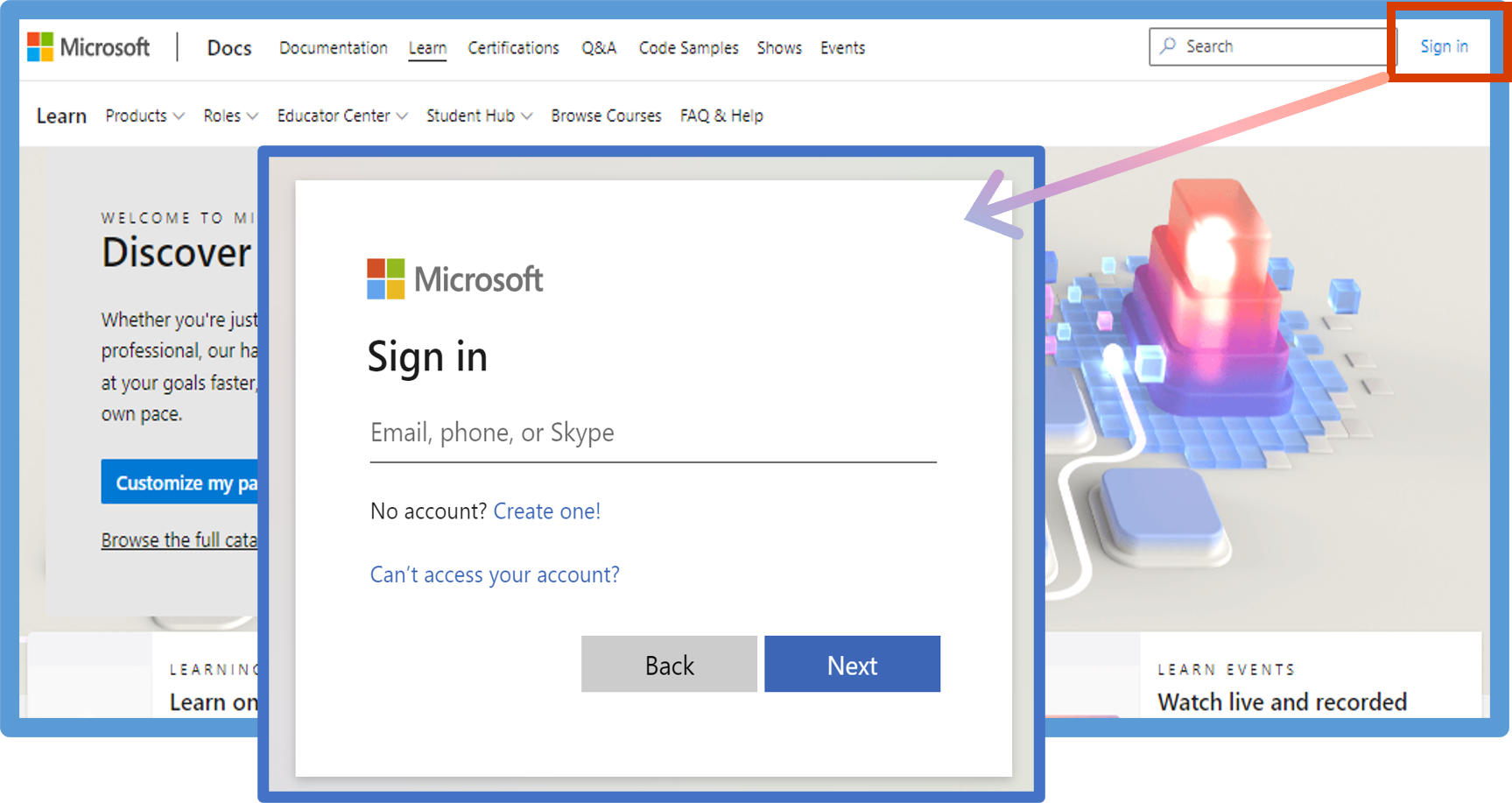 Screenshot of sign into Learn.