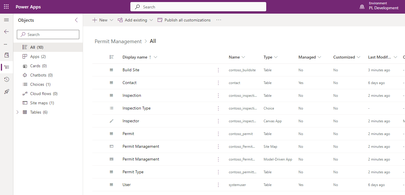 Screen image of grid displaying tables contained in the permit management solution.