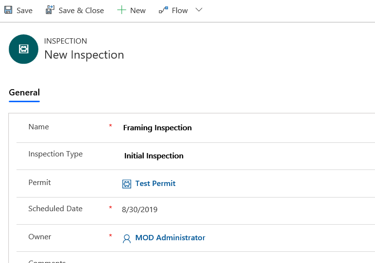 New inspection record - screenshot