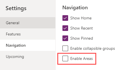 Enable Areas in navigation settings - screenshot
