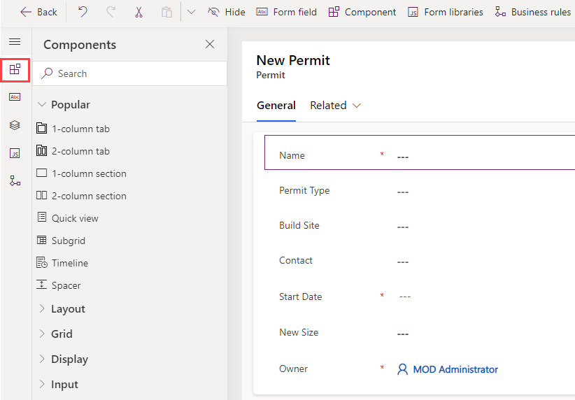 Add components to form - screenshot