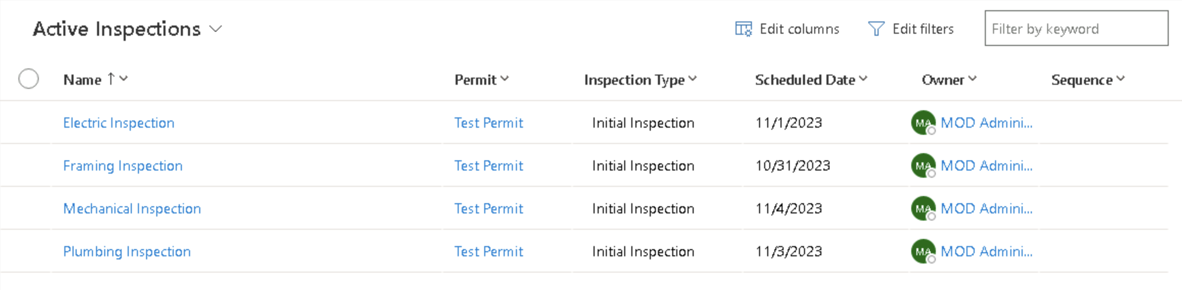 Create inspection record - screenshot